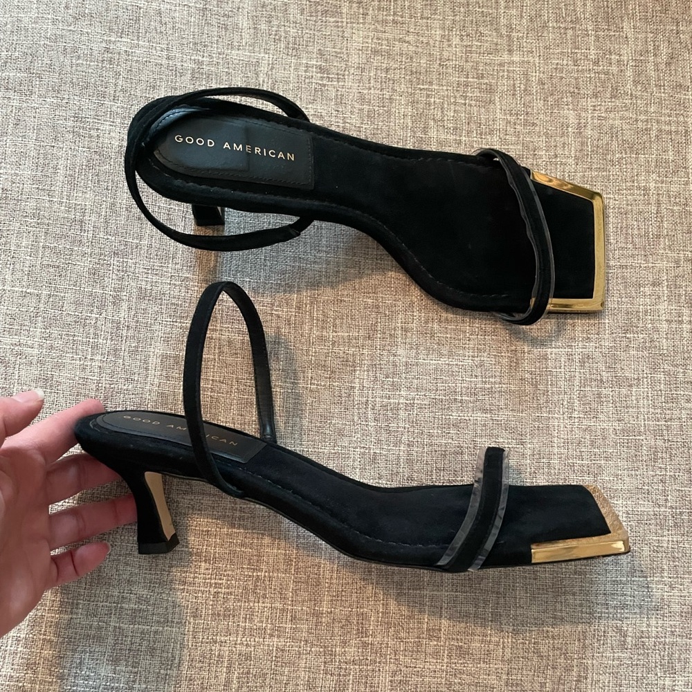 Good American The Standout Square Toe Sandals - black suede with a gold accent - Picture 4 of 6